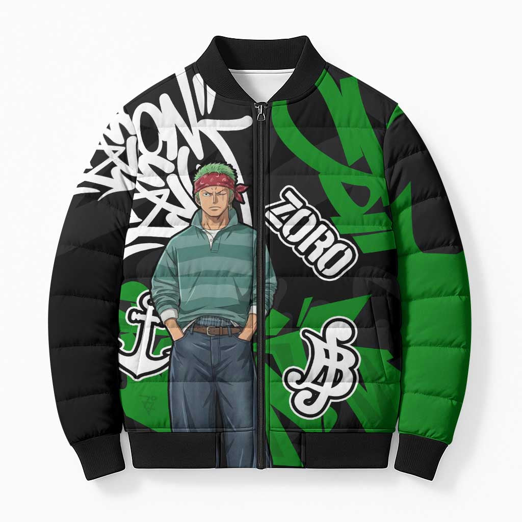 Roronoa Zoro One Piece Bomber Puffer Jacket Graffiti Street Art Anime Collage