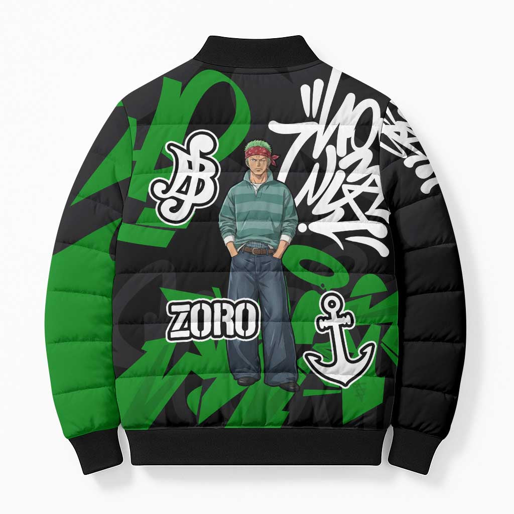 Roronoa Zoro One Piece Bomber Puffer Jacket Graffiti Street Art Anime Collage