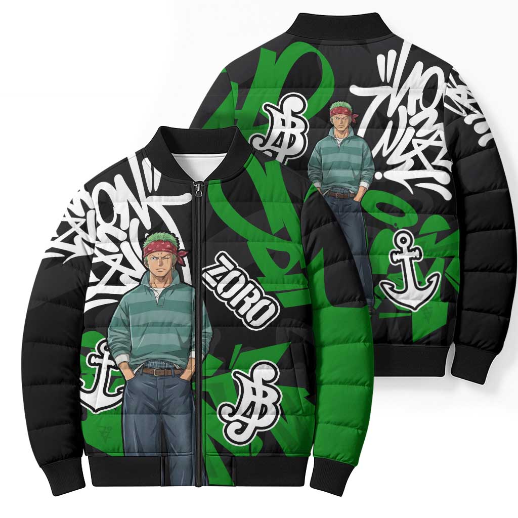 Roronoa Zoro One Piece Bomber Puffer Jacket Graffiti Street Art Anime Collage