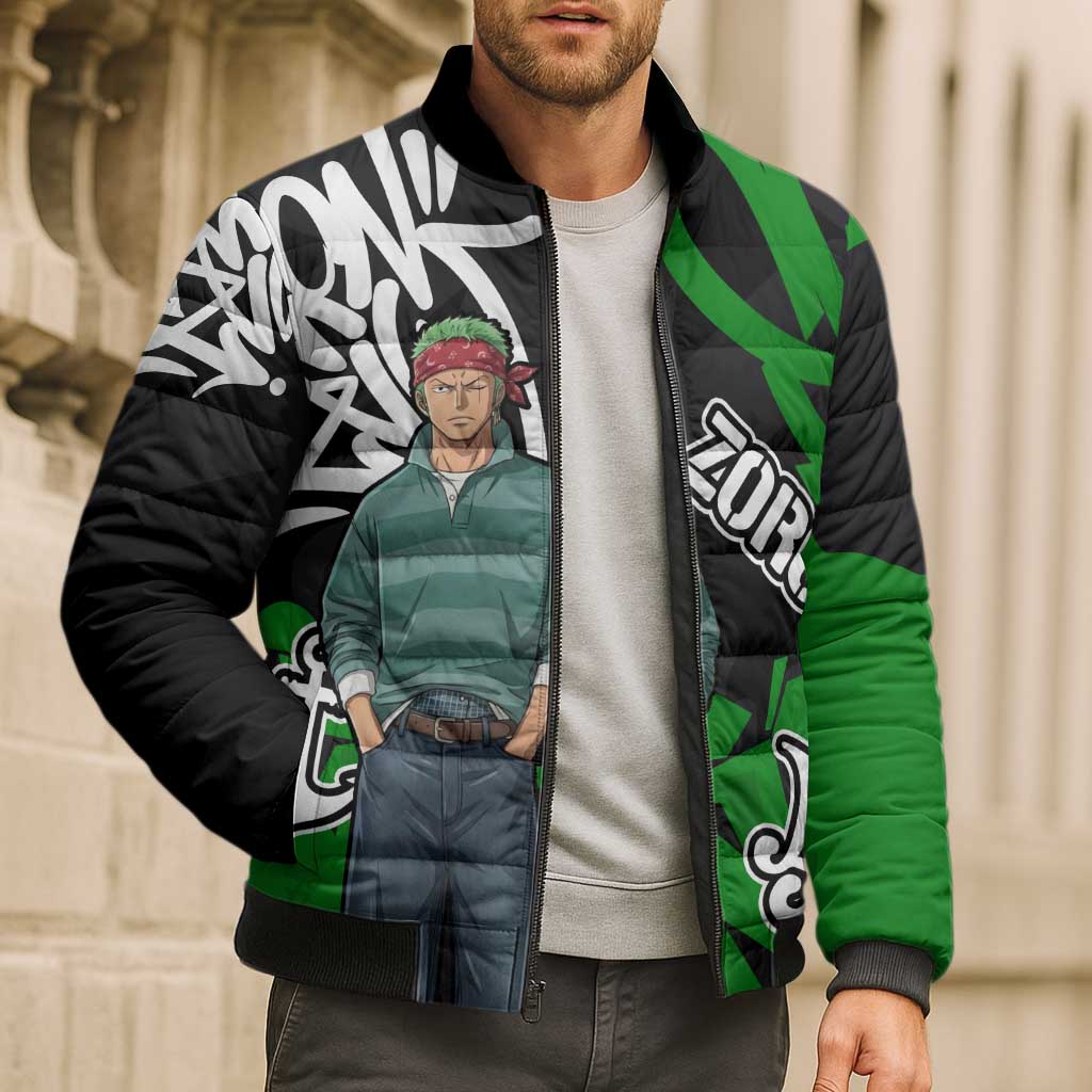 Roronoa Zoro One Piece Bomber Puffer Jacket Graffiti Street Art Anime Collage