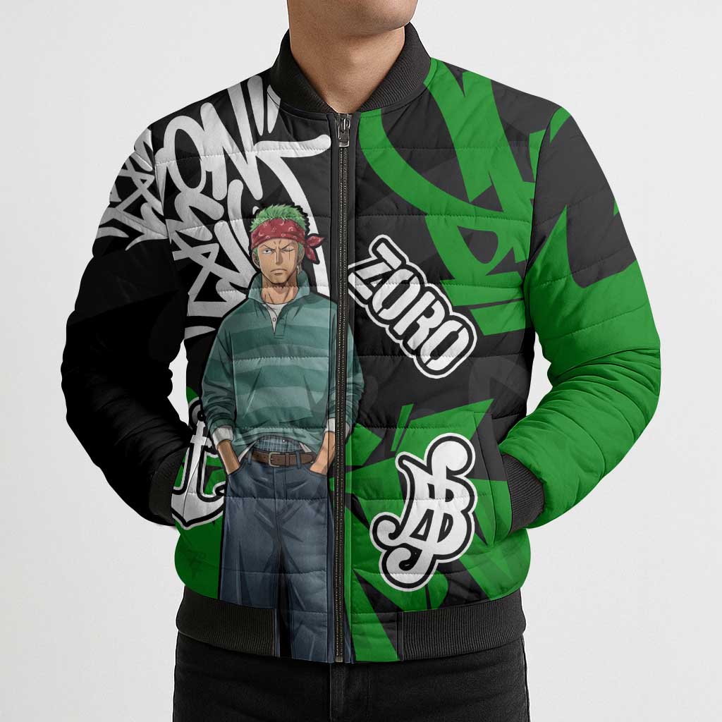 Roronoa Zoro One Piece Bomber Puffer Jacket Graffiti Street Art Anime Collage