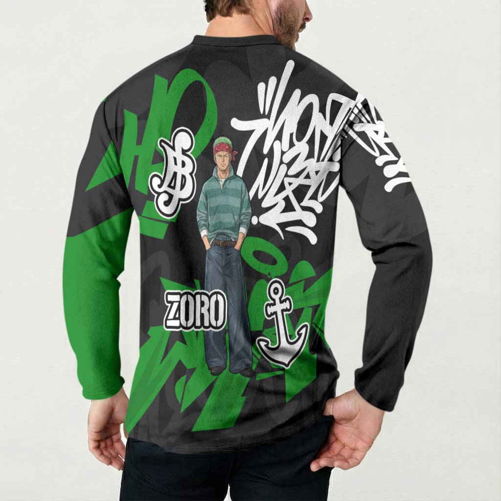 Roronoa Zoro One Piece Button Sweatshirt Graffiti Street Art Anime Collage