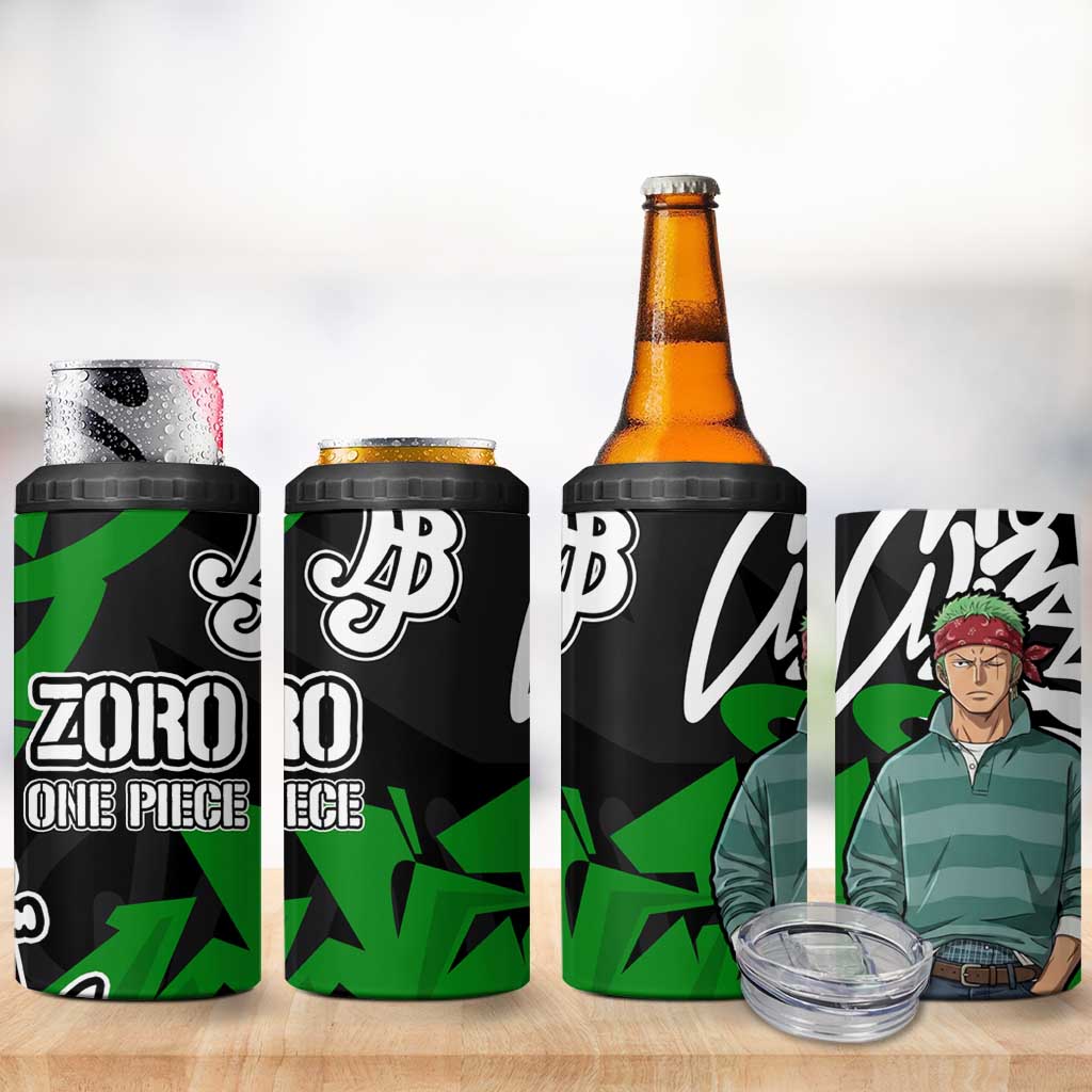 Roronoa Zoro One Piece 4 in 1 Can Cooler Tumbler Graffiti Street Art Anime Collage