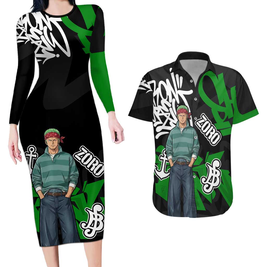 Roronoa Zoro One Piece Couples Matching Long Sleeve Bodycon Dress and Hawaiian Shirt Graffiti Street Art Anime Collage