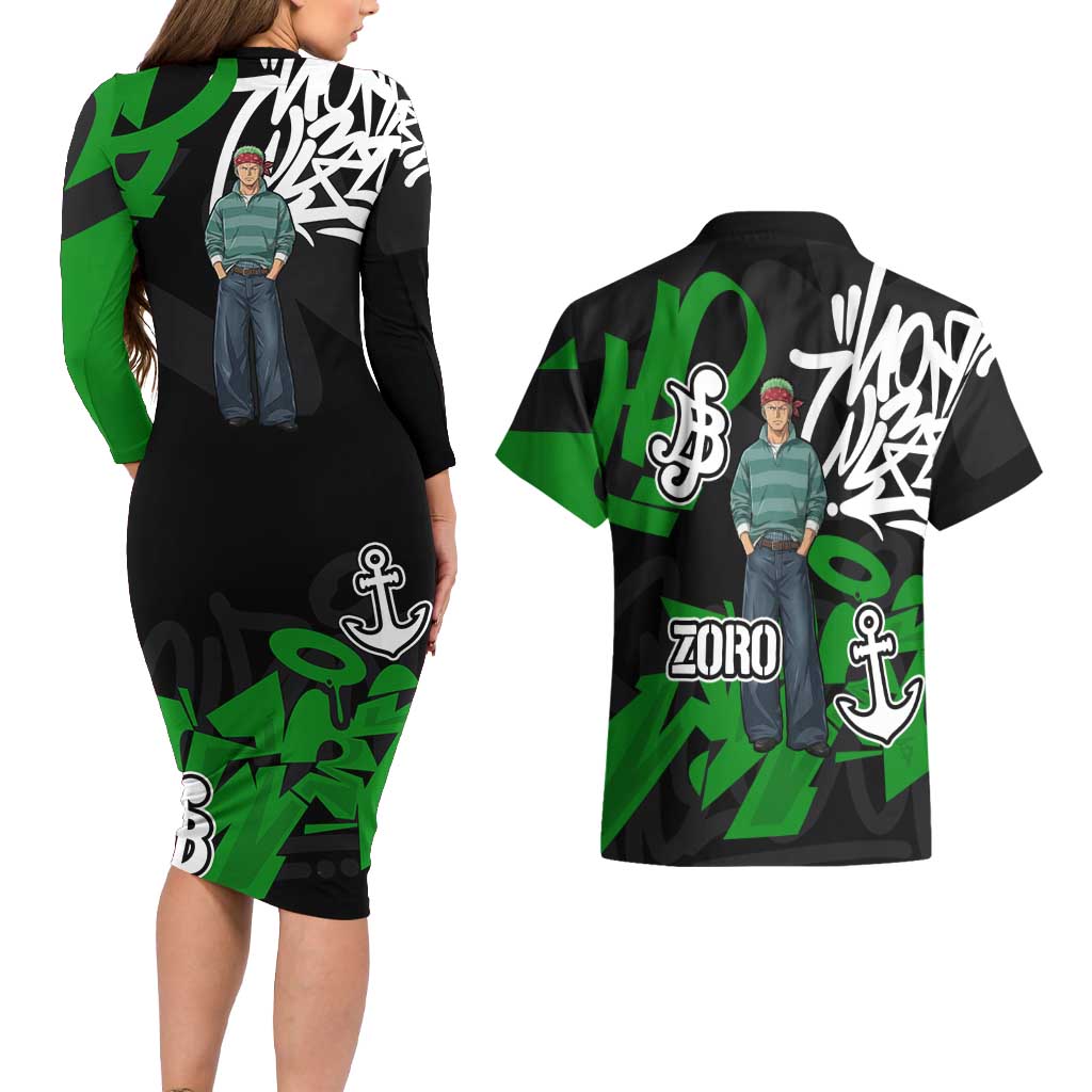 Roronoa Zoro One Piece Couples Matching Long Sleeve Bodycon Dress and Hawaiian Shirt Graffiti Street Art Anime Collage