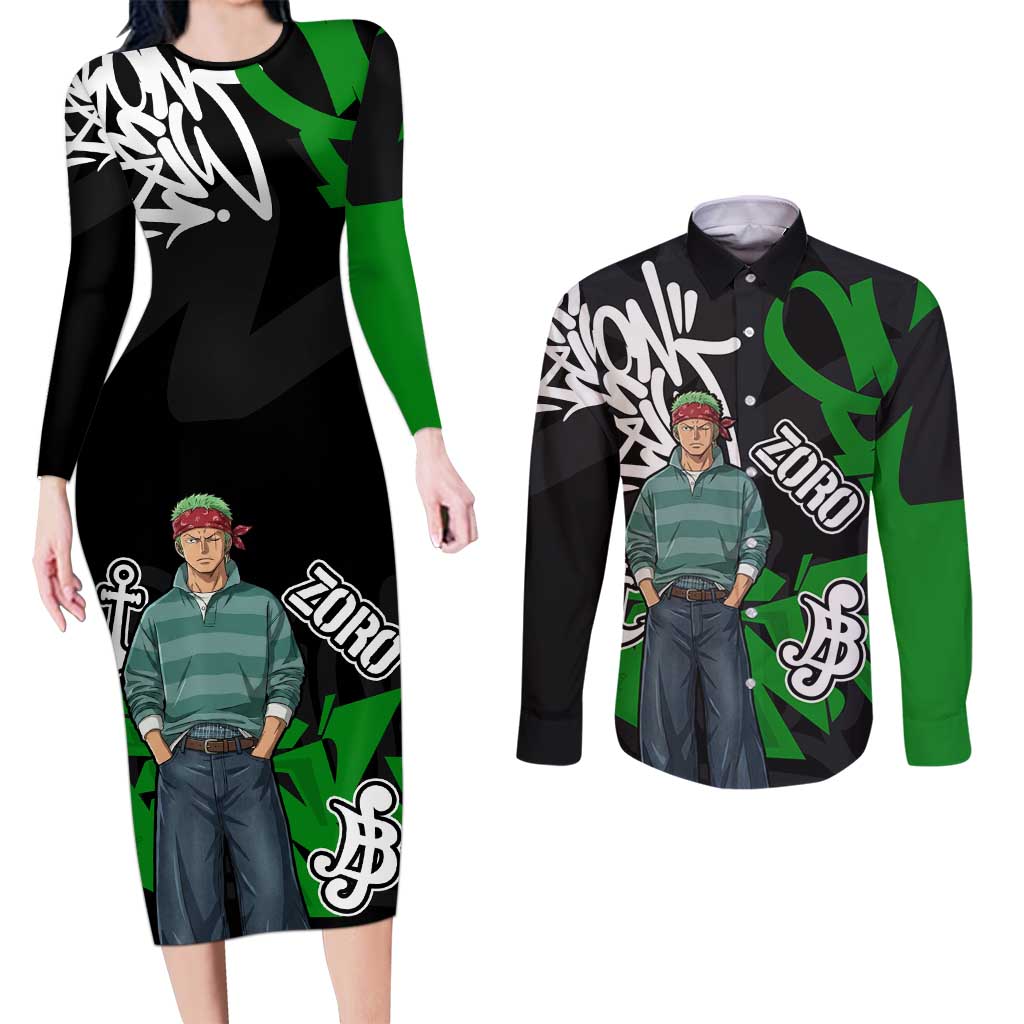 Roronoa Zoro One Piece Couples Matching Long Sleeve Bodycon Dress and Long Sleeve Button Shirt Graffiti Street Art Anime Collage