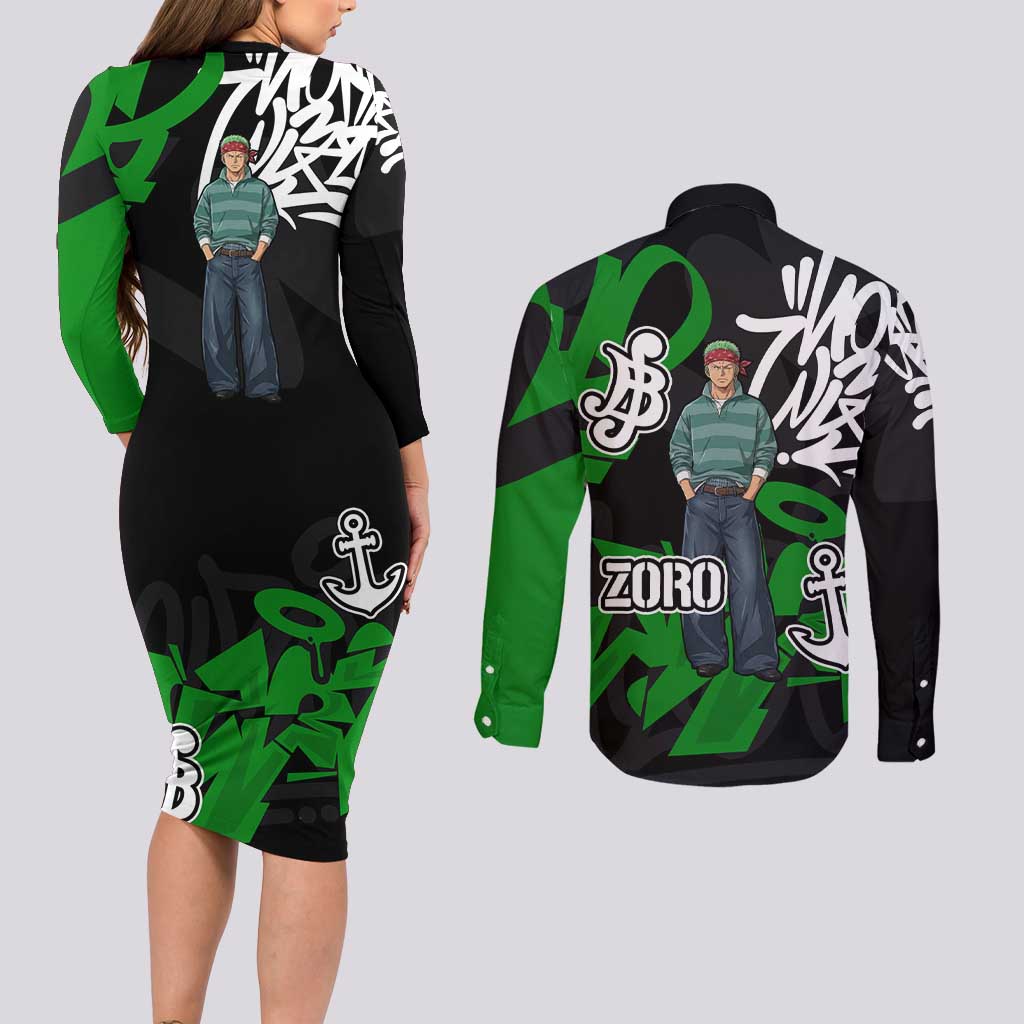 Roronoa Zoro One Piece Couples Matching Long Sleeve Bodycon Dress and Long Sleeve Button Shirt Graffiti Street Art Anime Collage