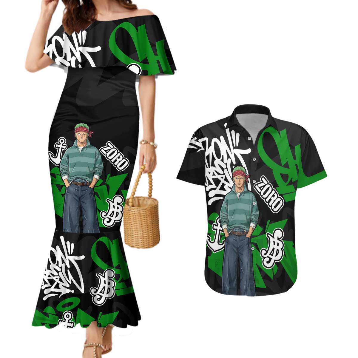 Roronoa Zoro One Piece Couples Matching Mermaid Dress and Hawaiian Shirt Graffiti Street Art Anime Collage
