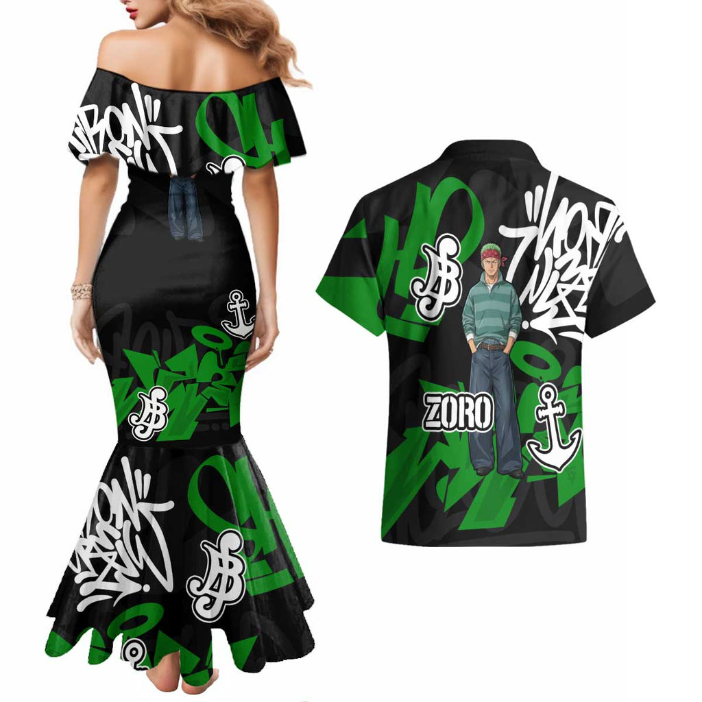 Roronoa Zoro One Piece Couples Matching Mermaid Dress and Hawaiian Shirt Graffiti Street Art Anime Collage