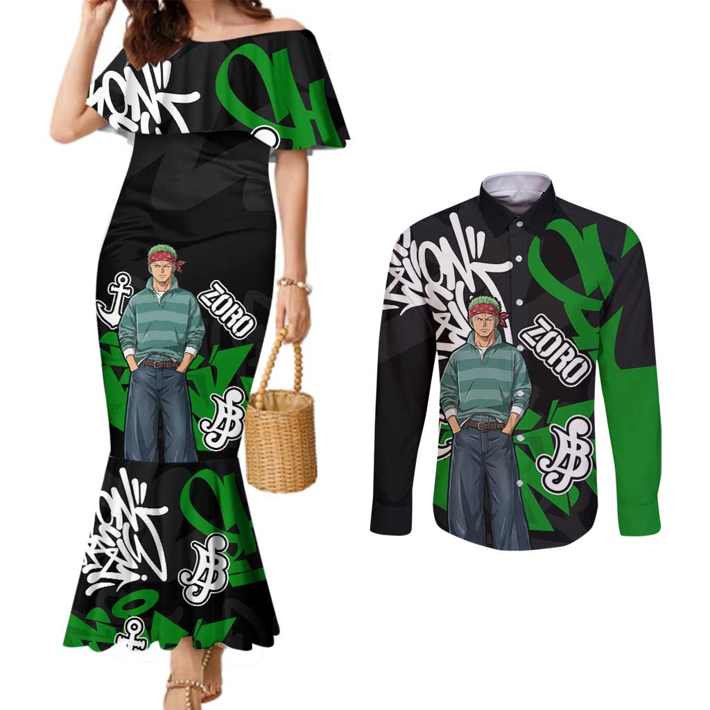 Roronoa Zoro One Piece Couples Matching Mermaid Dress and Long Sleeve Button Shirt Graffiti Street Art Anime Collage