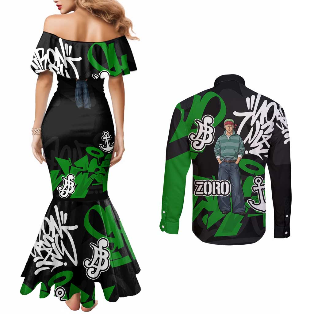 Roronoa Zoro One Piece Couples Matching Mermaid Dress and Long Sleeve Button Shirt Graffiti Street Art Anime Collage