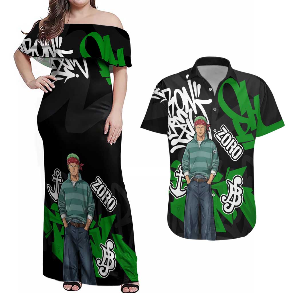 Roronoa Zoro One Piece Couples Matching Off Shoulder Maxi Dress and Hawaiian Shirt Graffiti Street Art Anime Collage