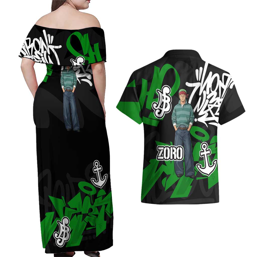Roronoa Zoro One Piece Couples Matching Off Shoulder Maxi Dress and Hawaiian Shirt Graffiti Street Art Anime Collage