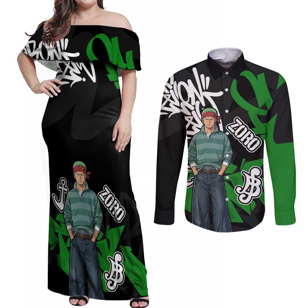 Roronoa Zoro One Piece Couples Matching Off Shoulder Maxi Dress and Long Sleeve Button Shirt Graffiti Street Art Anime Collage