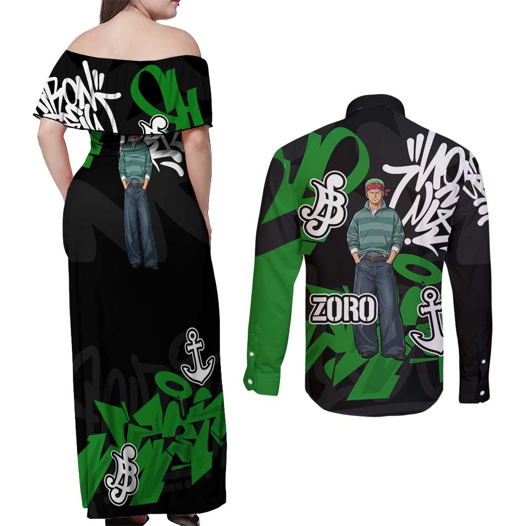 Roronoa Zoro One Piece Couples Matching Off Shoulder Maxi Dress and Long Sleeve Button Shirt Graffiti Street Art Anime Collage