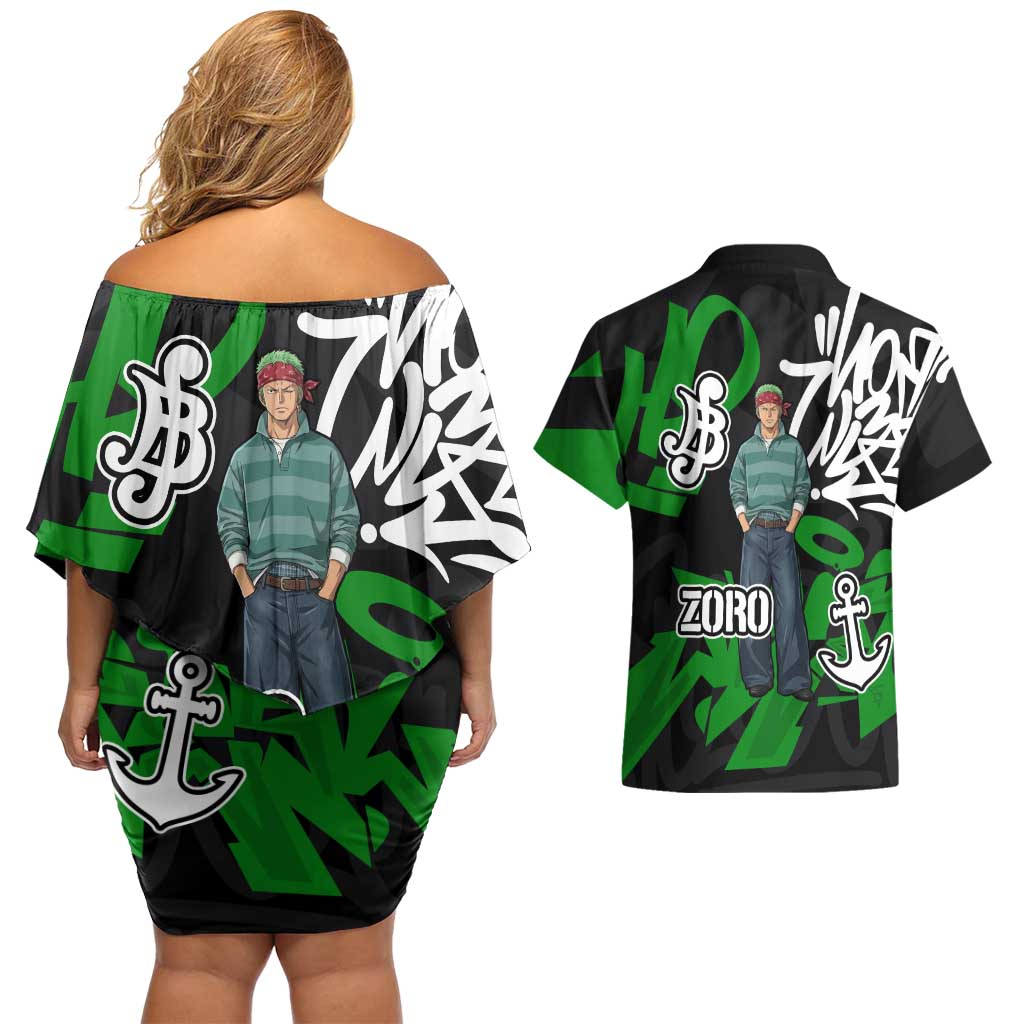 Roronoa Zoro One Piece Couples Matching Off Shoulder Short Dress and Hawaiian Shirt Graffiti Street Art Anime Collage