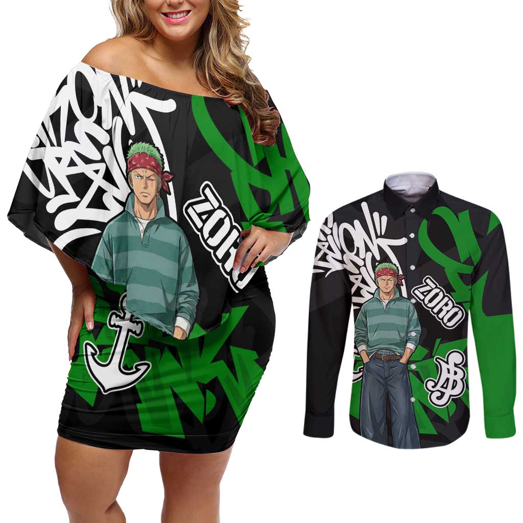 Roronoa Zoro One Piece Couples Matching Off Shoulder Short Dress and Long Sleeve Button Shirt Graffiti Street Art Anime Collage