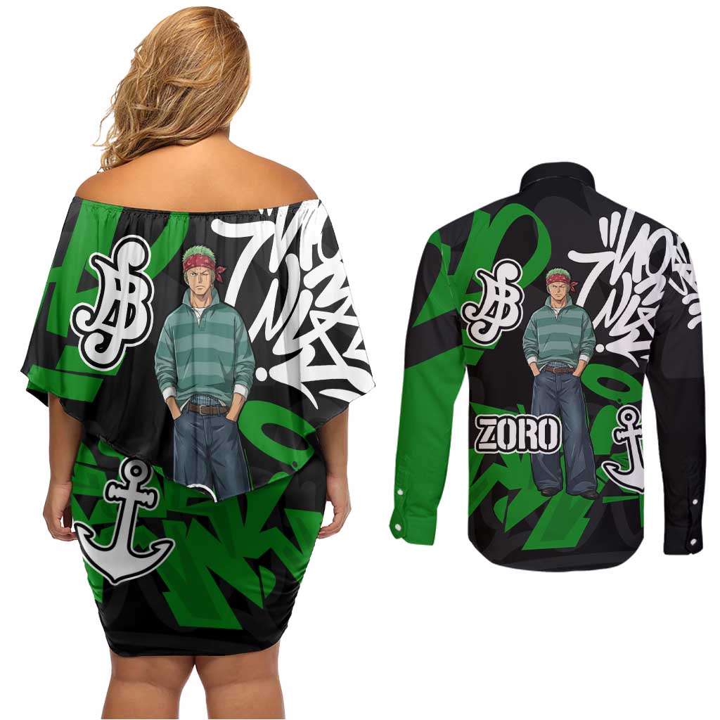 Roronoa Zoro One Piece Couples Matching Off Shoulder Short Dress and Long Sleeve Button Shirt Graffiti Street Art Anime Collage