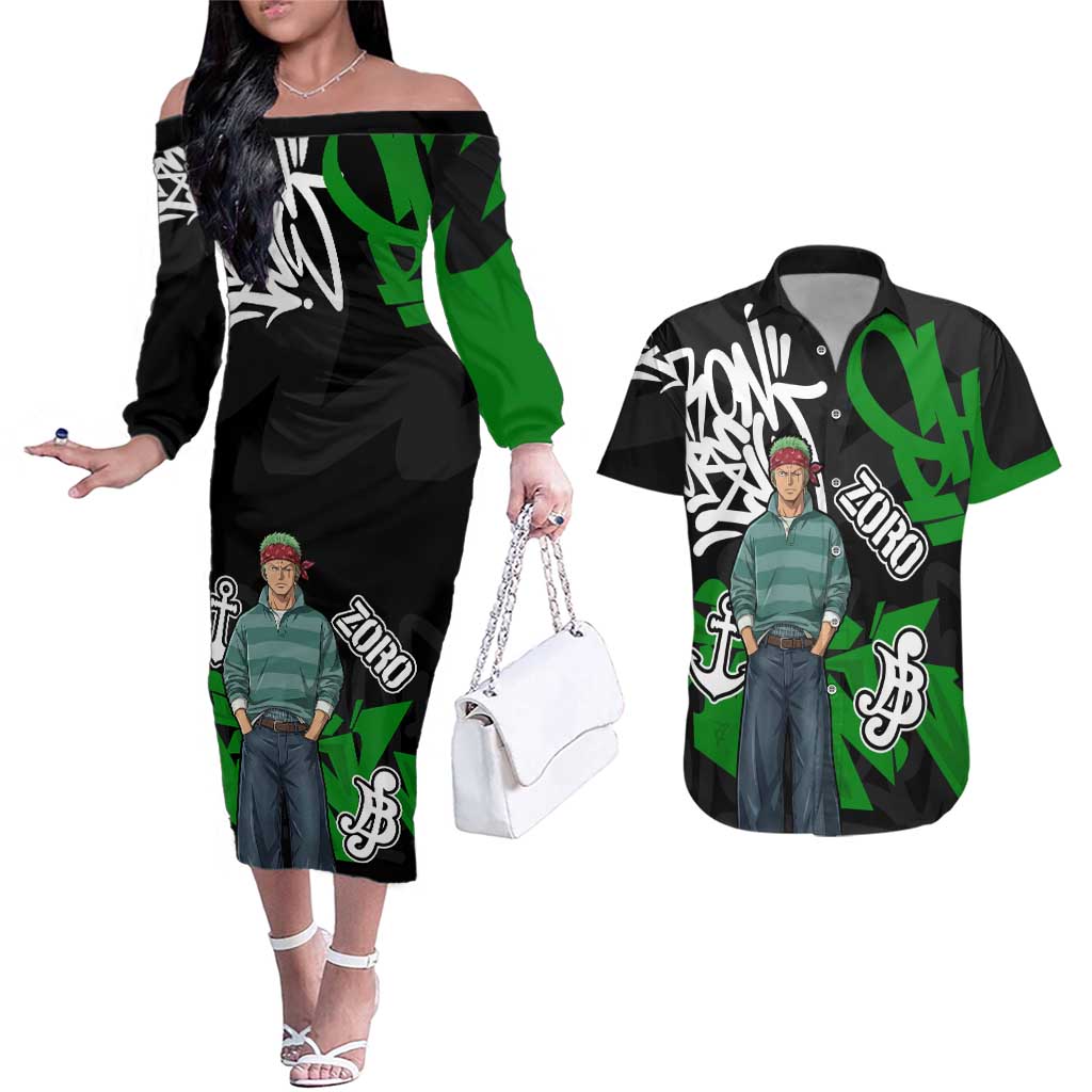 Roronoa Zoro One Piece Couples Matching Off The Shoulder Long Sleeve Dress and Hawaiian Shirt Graffiti Street Art Anime Collage