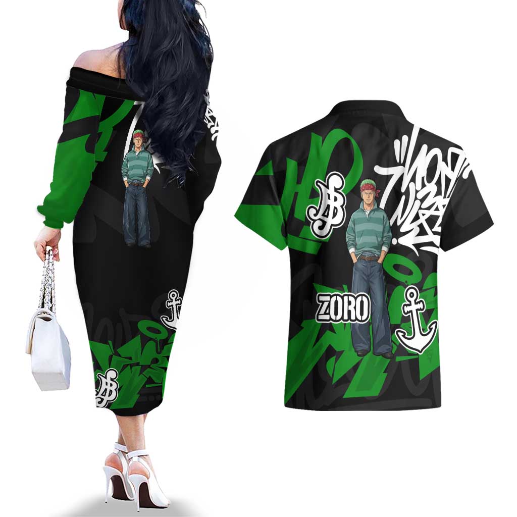 Roronoa Zoro One Piece Couples Matching Off The Shoulder Long Sleeve Dress and Hawaiian Shirt Graffiti Street Art Anime Collage