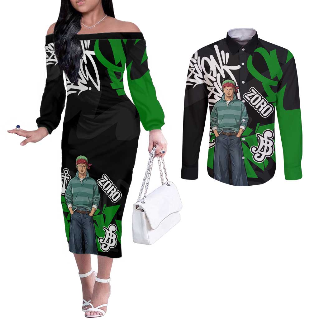 Roronoa Zoro One Piece Couples Matching Off The Shoulder Long Sleeve Dress and Long Sleeve Button Shirt Graffiti Street Art Anime Collage