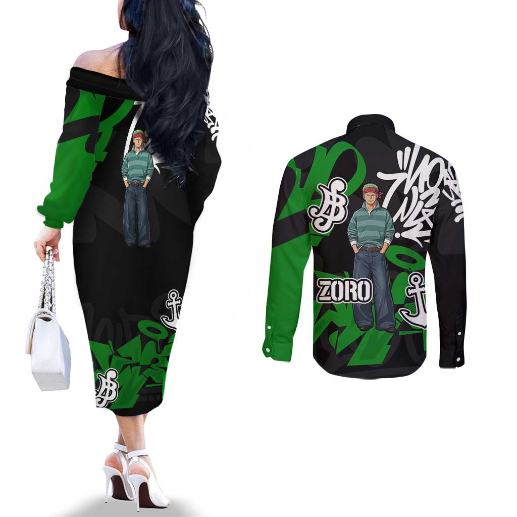 Roronoa Zoro One Piece Couples Matching Off The Shoulder Long Sleeve Dress and Long Sleeve Button Shirt Graffiti Street Art Anime Collage