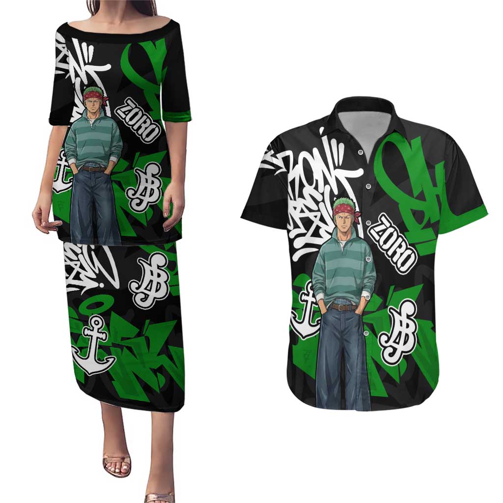 Roronoa Zoro One Piece Couples Matching Puletasi and Hawaiian Shirt Graffiti Street Art Anime Collage