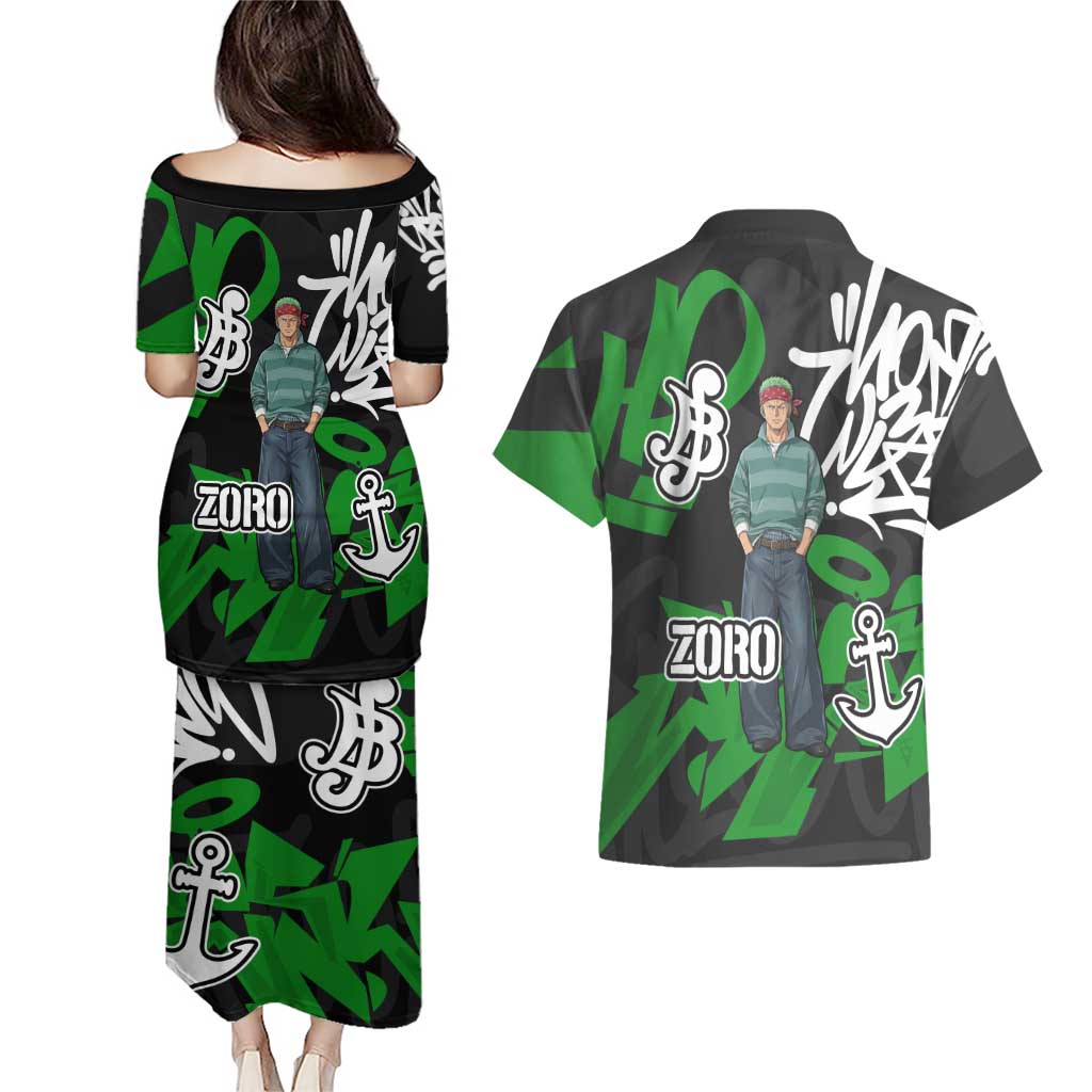 Roronoa Zoro One Piece Couples Matching Puletasi and Hawaiian Shirt Graffiti Street Art Anime Collage