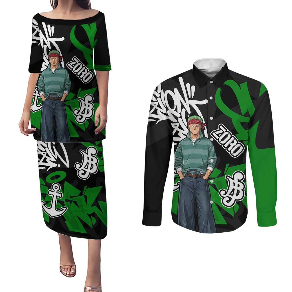 Roronoa Zoro One Piece Couples Matching Puletasi and Long Sleeve Button Shirt Graffiti Street Art Anime Collage