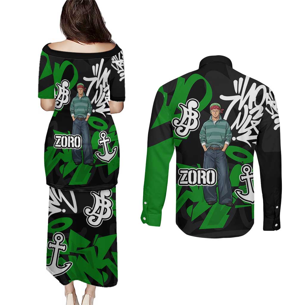 Roronoa Zoro One Piece Couples Matching Puletasi and Long Sleeve Button Shirt Graffiti Street Art Anime Collage