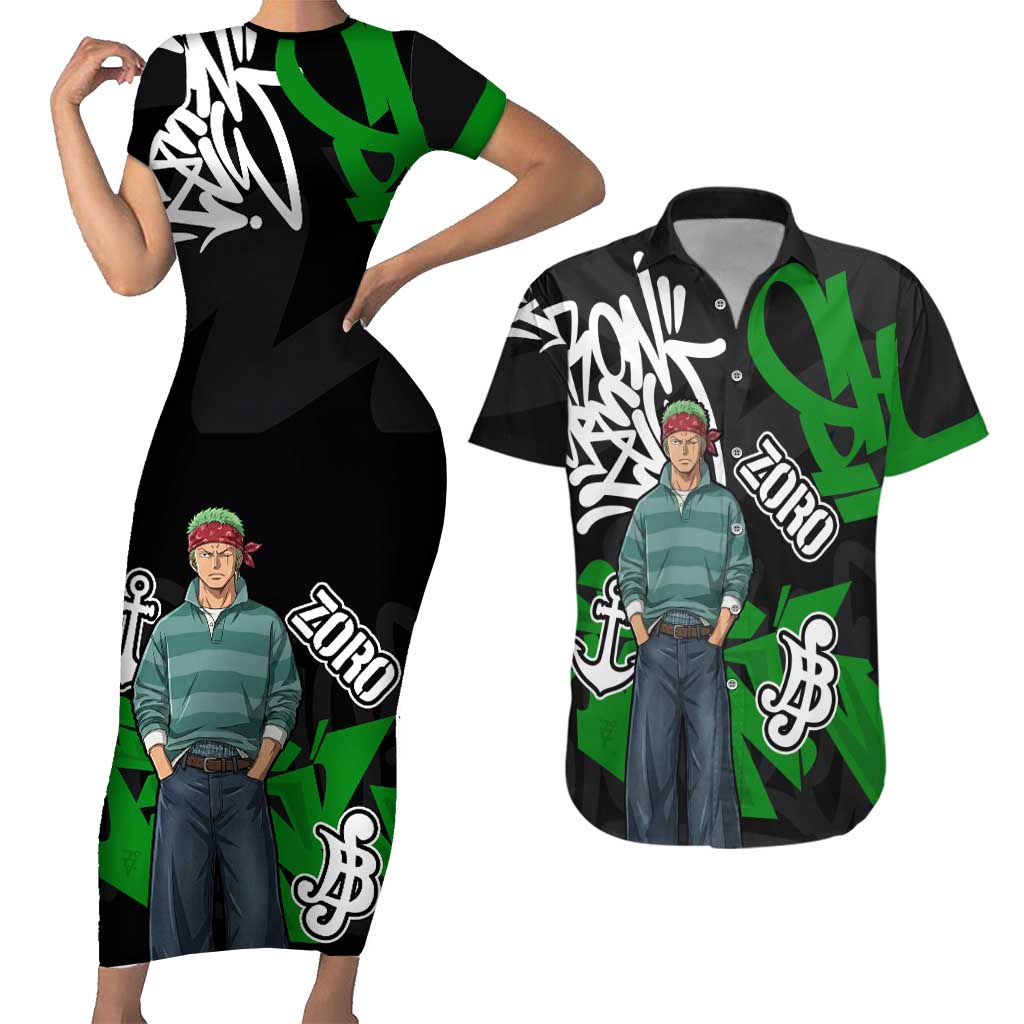 Roronoa Zoro One Piece Couples Matching Short Sleeve Bodycon Dress and Hawaiian Shirt Graffiti Street Art Anime Collage