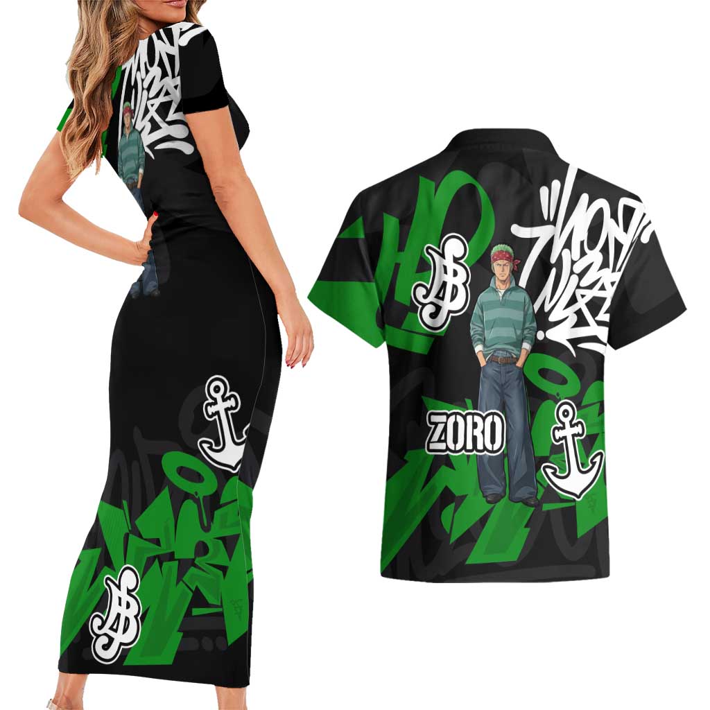Roronoa Zoro One Piece Couples Matching Short Sleeve Bodycon Dress and Hawaiian Shirt Graffiti Street Art Anime Collage