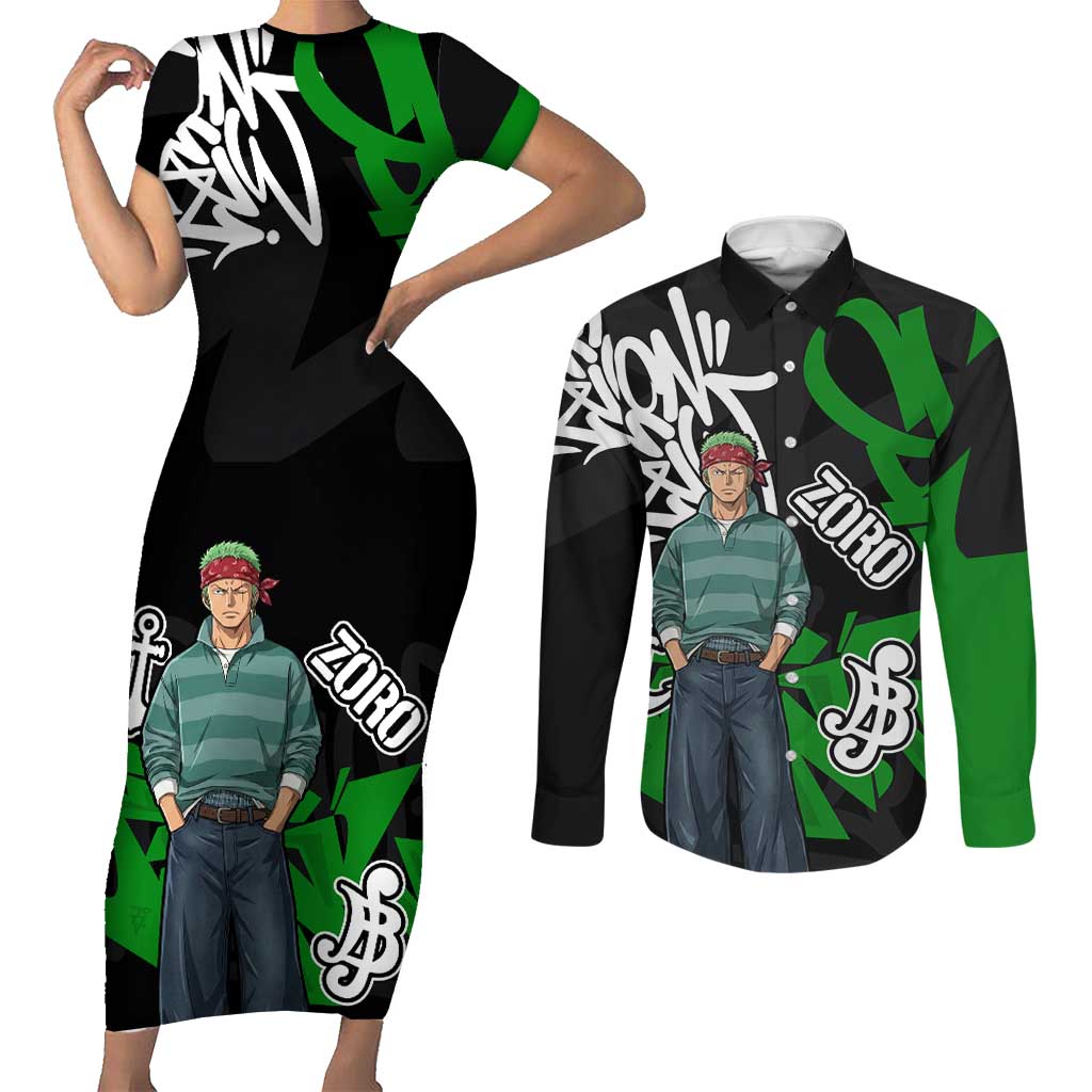 Roronoa Zoro One Piece Couples Matching Short Sleeve Bodycon Dress and Long Sleeve Button Shirt Graffiti Street Art Anime Collage