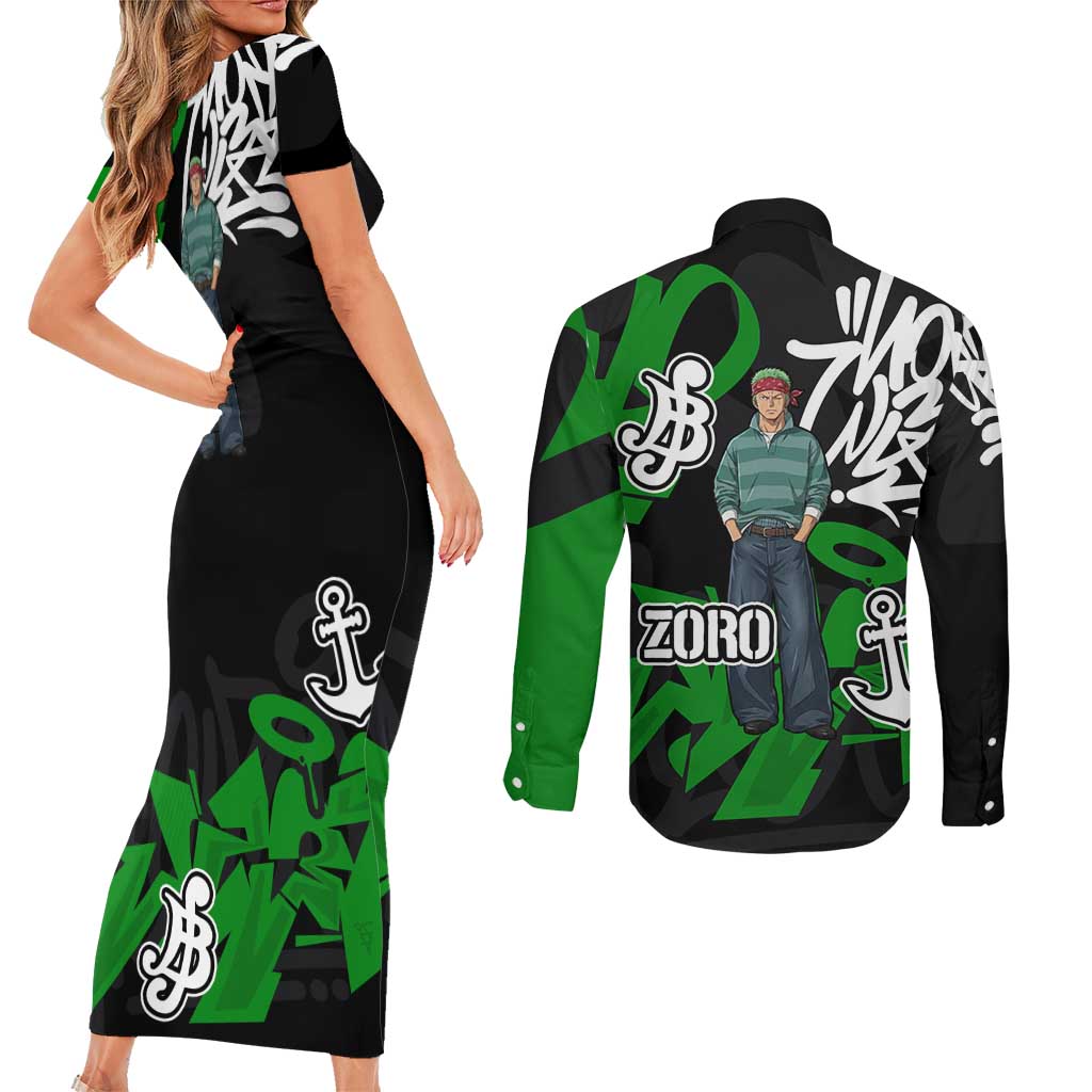 Roronoa Zoro One Piece Couples Matching Short Sleeve Bodycon Dress and Long Sleeve Button Shirt Graffiti Street Art Anime Collage