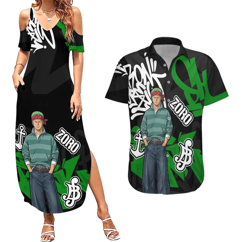 Roronoa Zoro One Piece Couples Matching Summer Maxi Dress and Hawaiian Shirt Graffiti Street Art Anime Collage