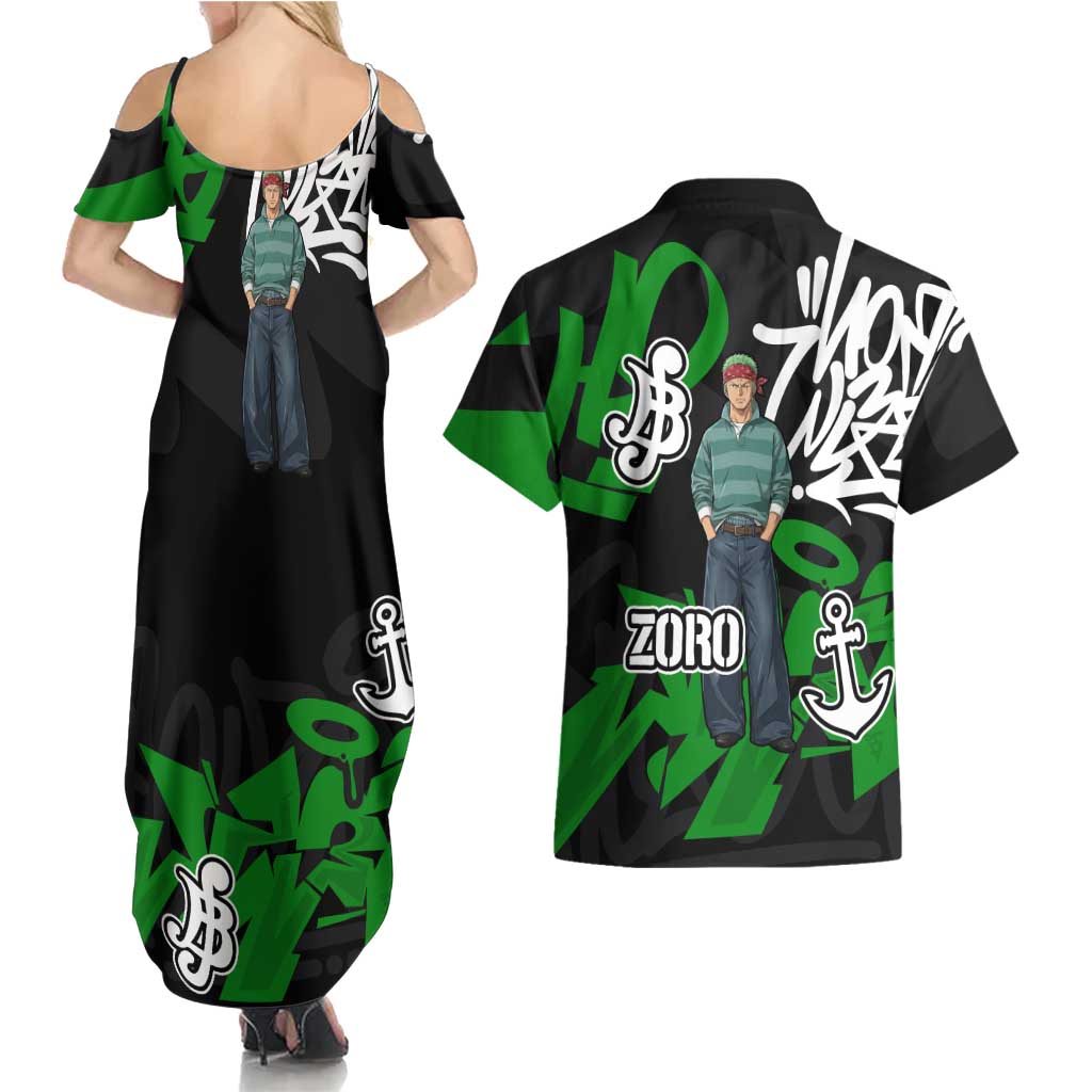 Roronoa Zoro One Piece Couples Matching Summer Maxi Dress and Hawaiian Shirt Graffiti Street Art Anime Collage