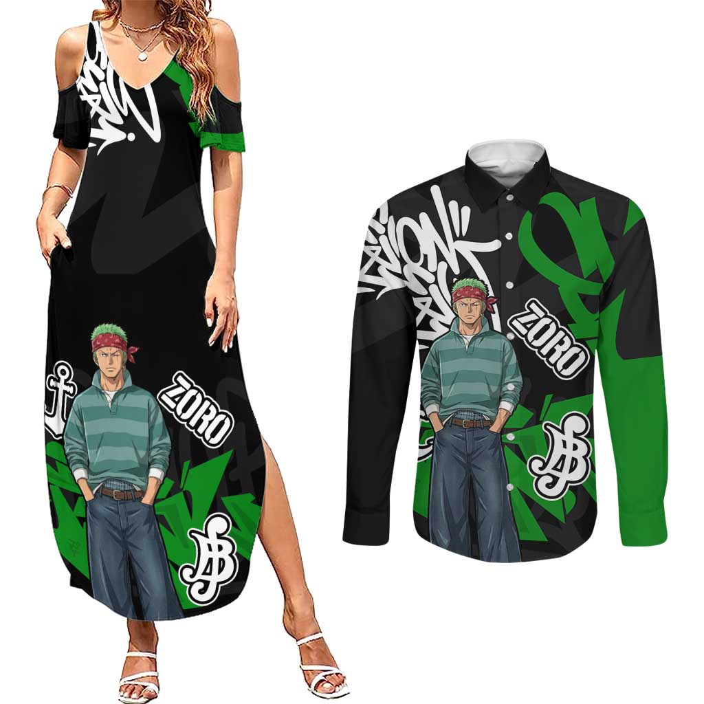 Roronoa Zoro One Piece Couples Matching Summer Maxi Dress and Long Sleeve Button Shirt Graffiti Street Art Anime Collage