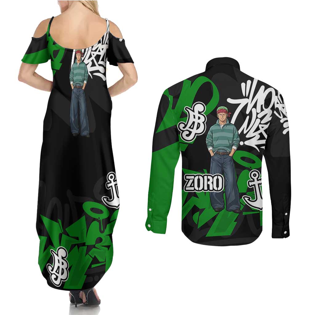 Roronoa Zoro One Piece Couples Matching Summer Maxi Dress and Long Sleeve Button Shirt Graffiti Street Art Anime Collage