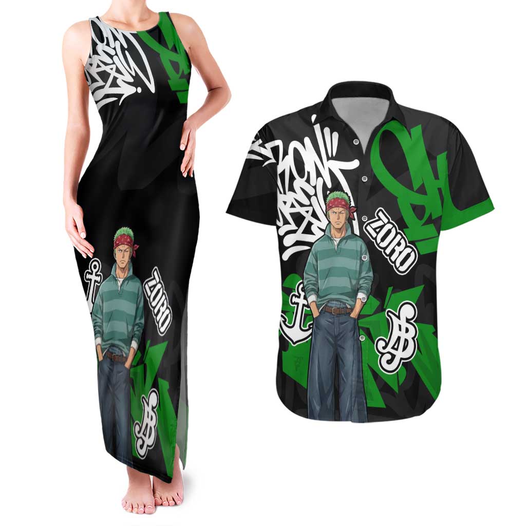 Roronoa Zoro One Piece Couples Matching Tank Maxi Dress and Hawaiian Shirt Graffiti Street Art Anime Collage