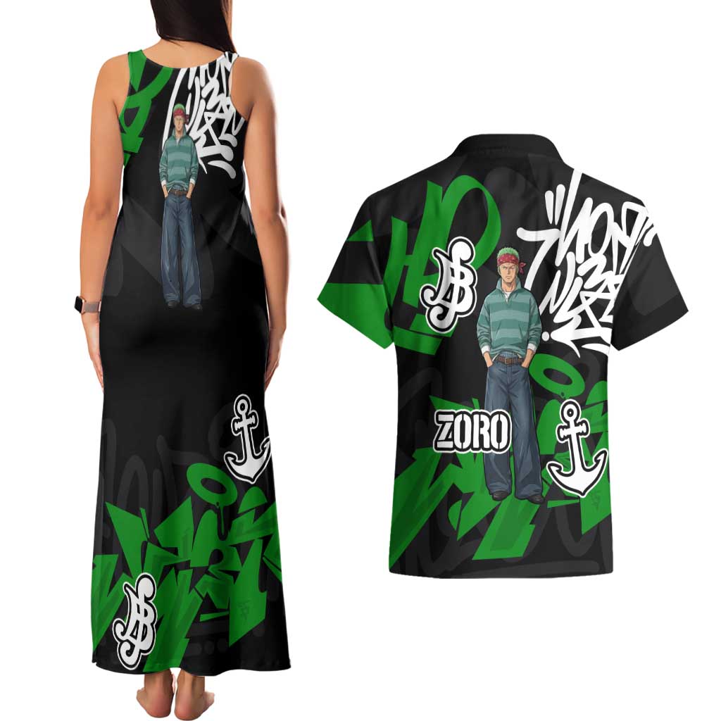 Roronoa Zoro One Piece Couples Matching Tank Maxi Dress and Hawaiian Shirt Graffiti Street Art Anime Collage
