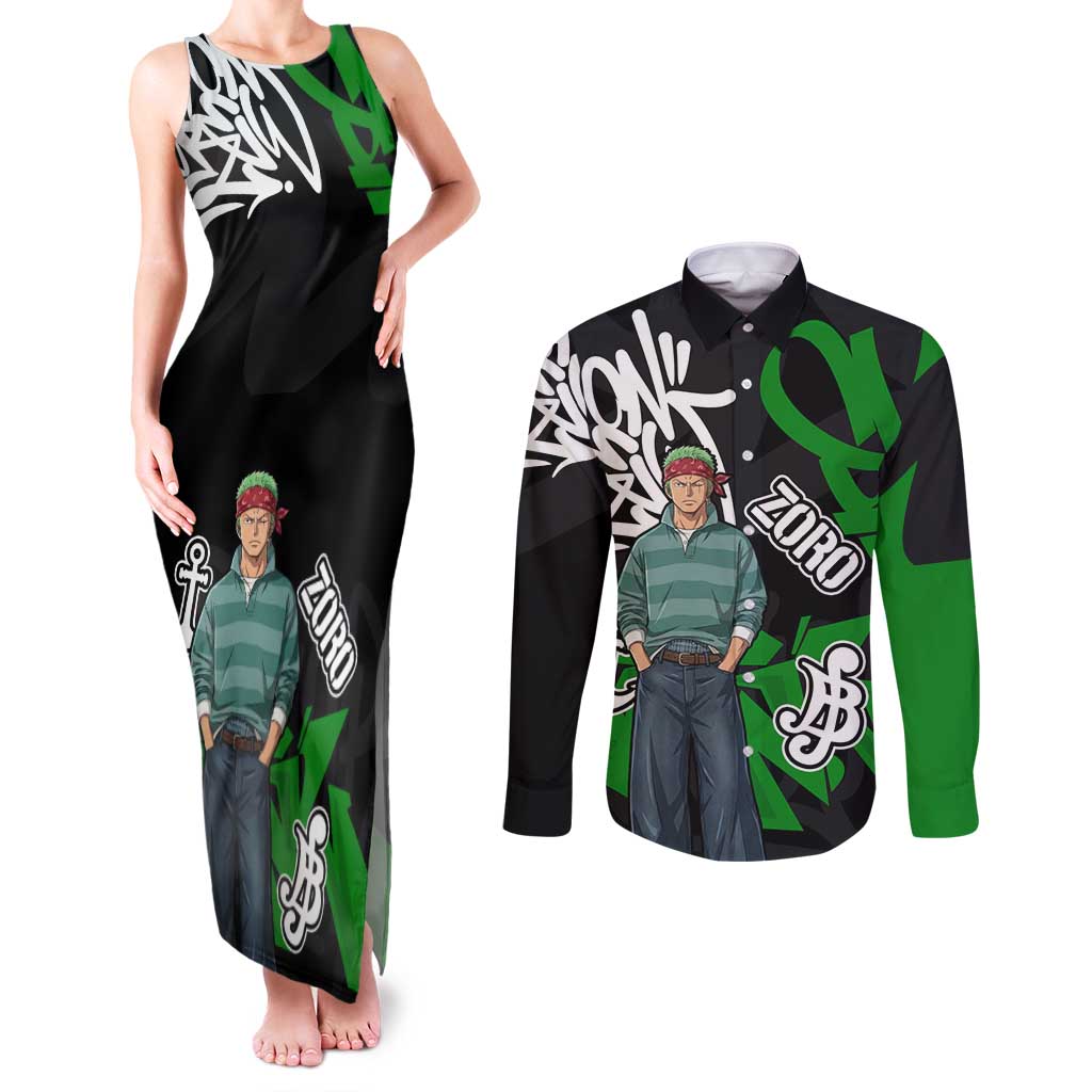 Roronoa Zoro One Piece Couples Matching Tank Maxi Dress and Long Sleeve Button Shirt Graffiti Street Art Anime Collage