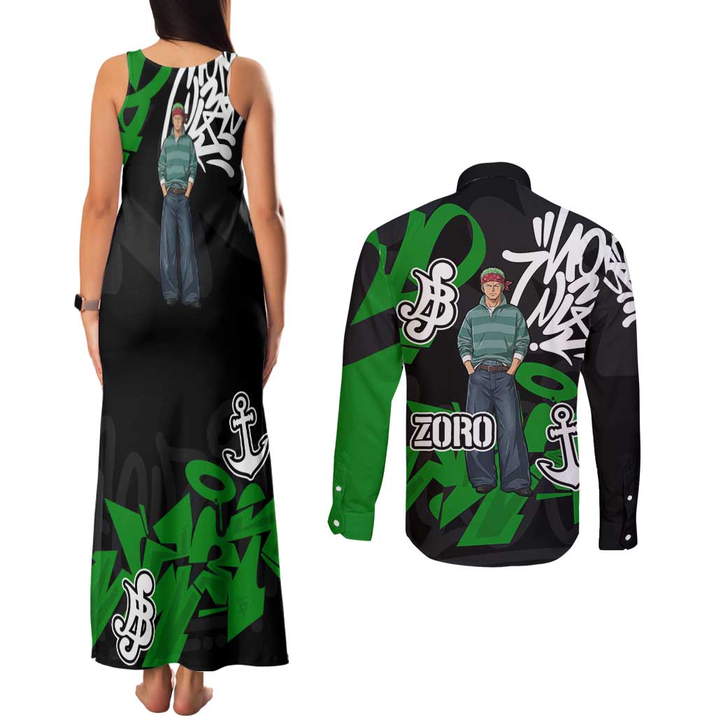 Roronoa Zoro One Piece Couples Matching Tank Maxi Dress and Long Sleeve Button Shirt Graffiti Street Art Anime Collage