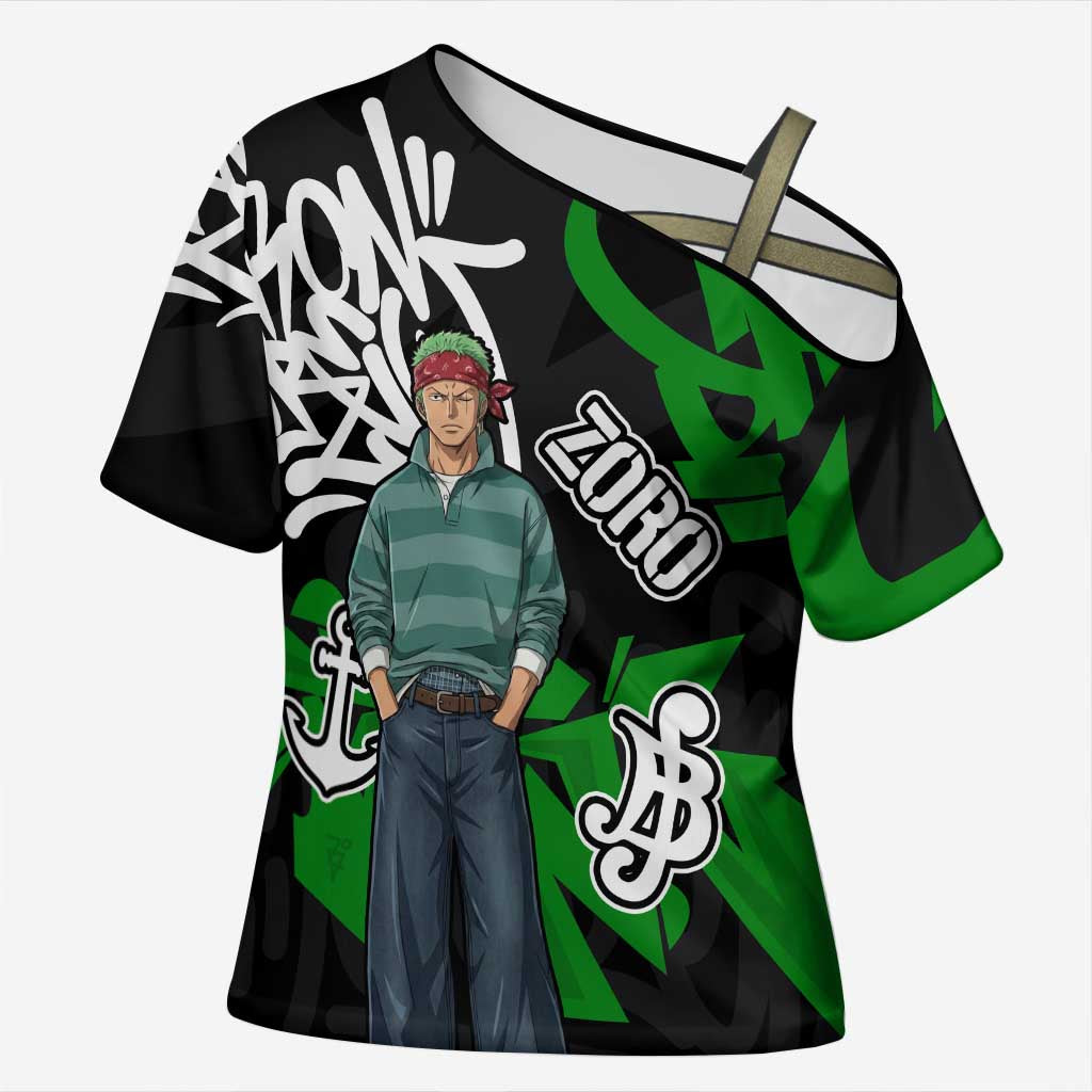 Roronoa Zoro One Piece Cross Shoulder Shirt Graffiti Street Art Anime Collage