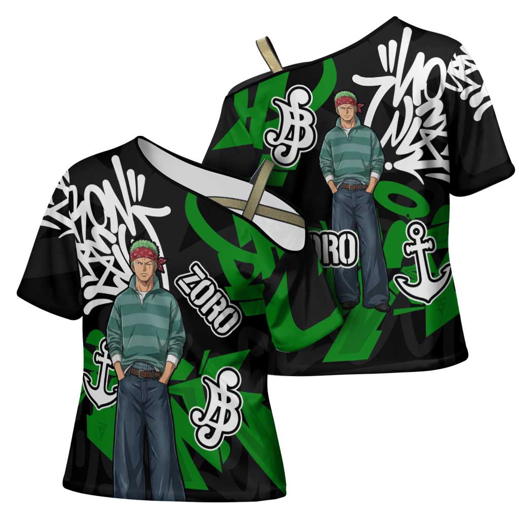Roronoa Zoro One Piece Cross Shoulder Shirt Graffiti Street Art Anime Collage