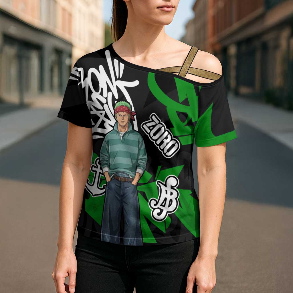 Roronoa Zoro One Piece Cross Shoulder Shirt Graffiti Street Art Anime Collage