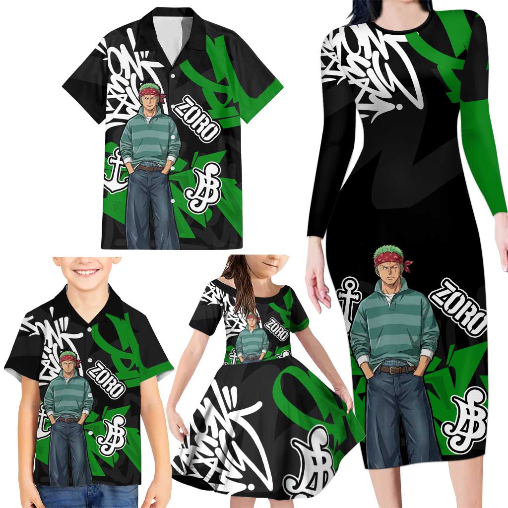 Roronoa Zoro One Piece Family Matching Long Sleeve Bodycon Dress and Hawaiian Shirt Graffiti Street Art Anime Collage