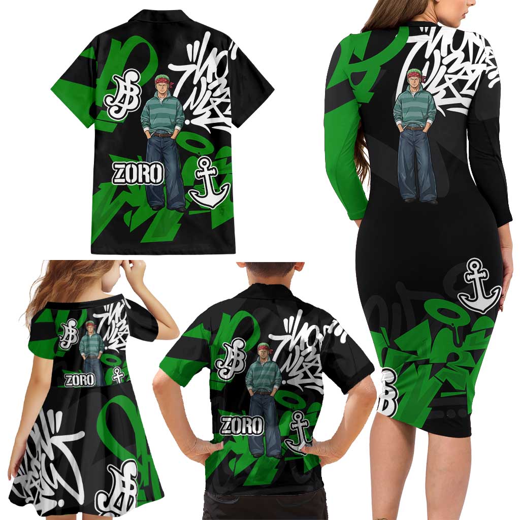 Roronoa Zoro One Piece Family Matching Long Sleeve Bodycon Dress and Hawaiian Shirt Graffiti Street Art Anime Collage