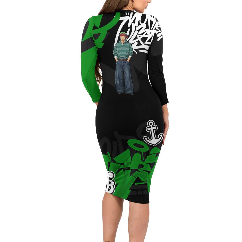 Roronoa Zoro One Piece Family Matching Long Sleeve Bodycon Dress and Hawaiian Shirt Graffiti Street Art Anime Collage