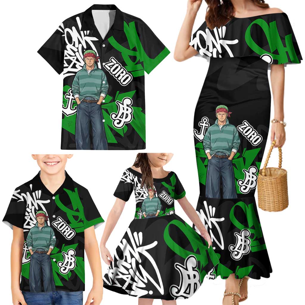 Roronoa Zoro One Piece Family Matching Mermaid Dress and Hawaiian Shirt Graffiti Street Art Anime Collage