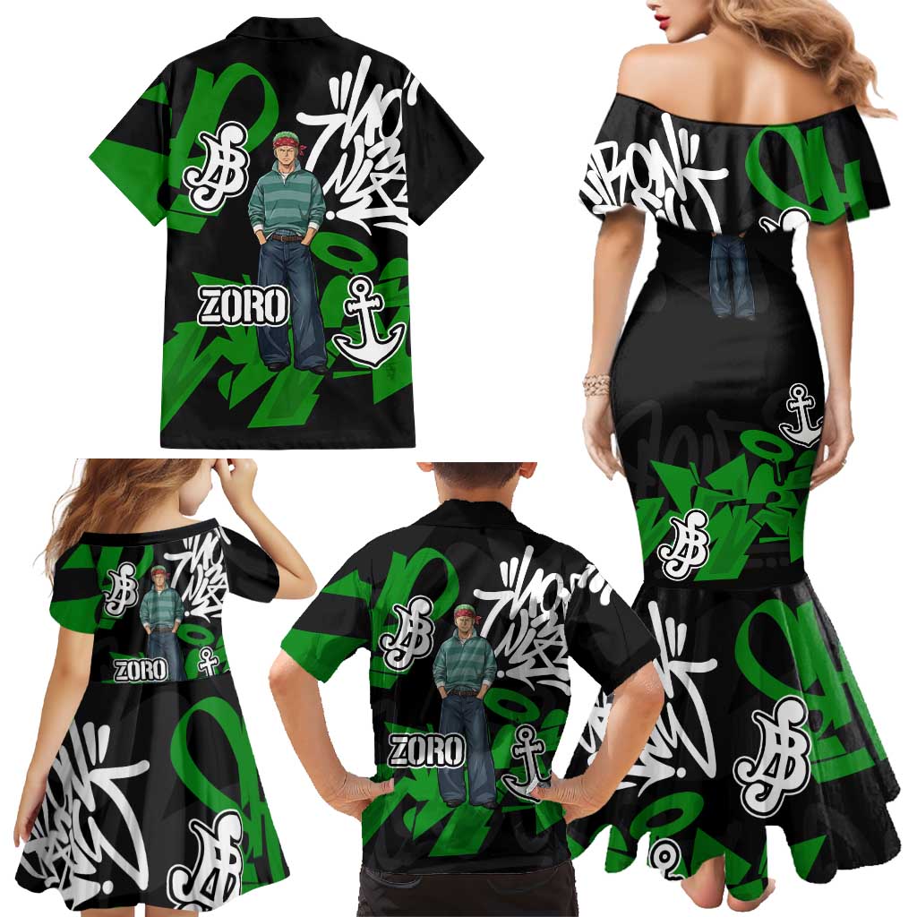 Roronoa Zoro One Piece Family Matching Mermaid Dress and Hawaiian Shirt Graffiti Street Art Anime Collage
